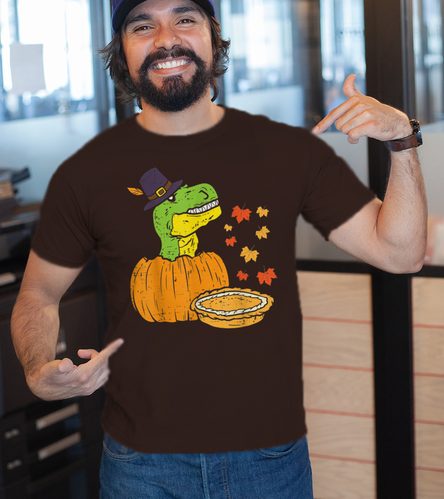 Pilgrim Trex Dinosaur Pumpkin Leaves Pie T-Shirt
