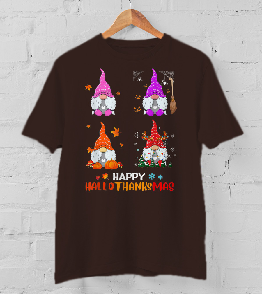 Happy Hallothanksmas Gnome Halloween Thanksgiving Christmas T-Shirt