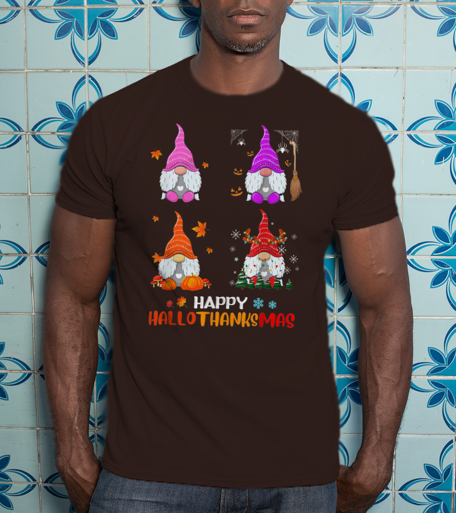 Happy Hallothanksmas Gnome Halloween Thanksgiving Christmas T-Shirt