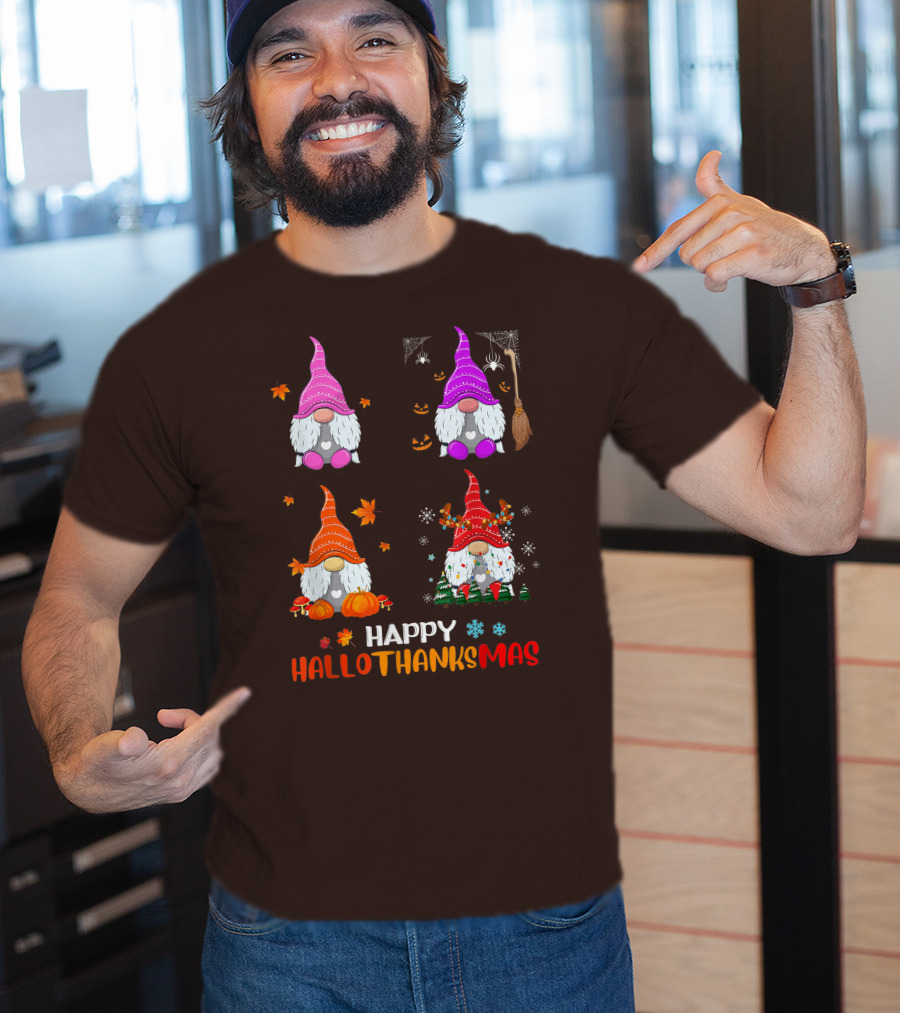 Happy Hallothanksmas Gnome Halloween Thanksgiving Christmas T-Shirt