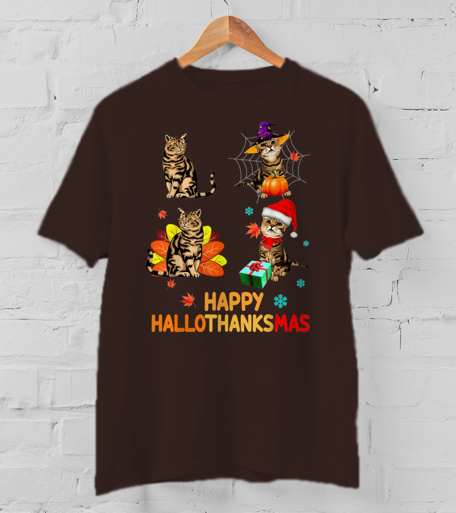 Happy Hallothanksmas Cats With Pumpkin, Autumn Leaves, Santa Hat, And Gift T-Shirt
