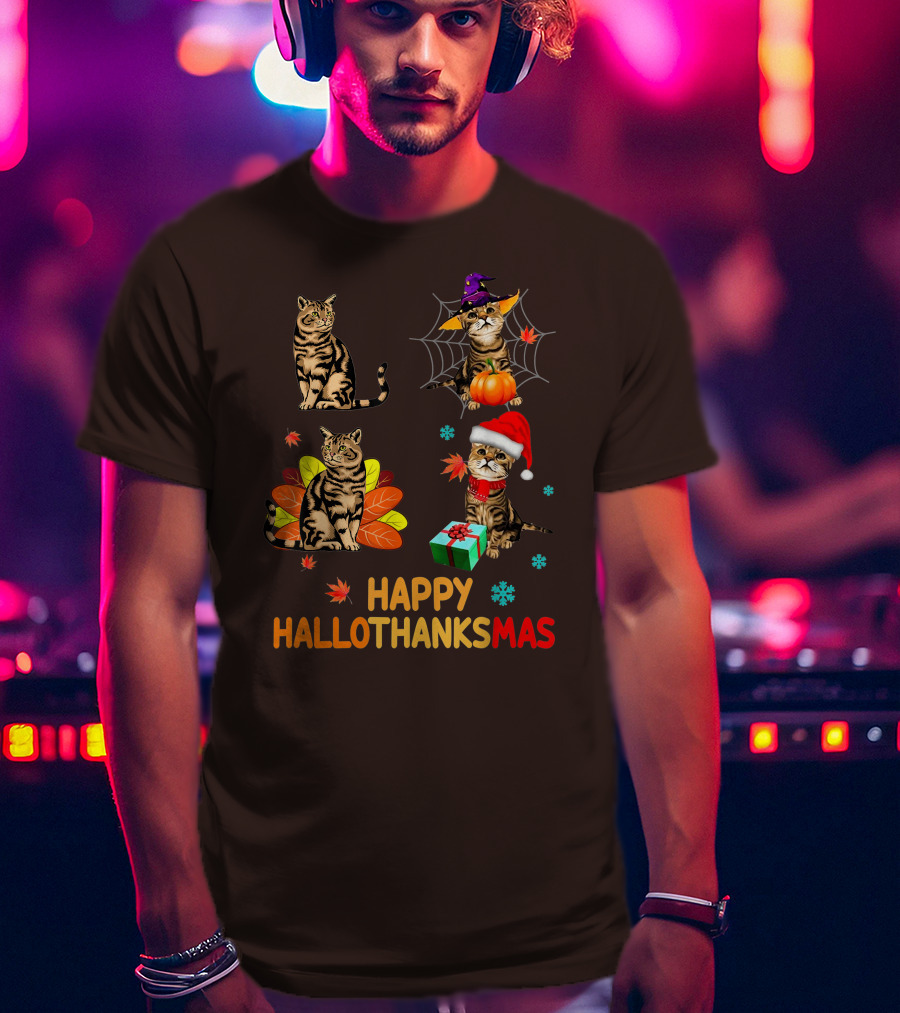 Happy Hallothanksmas Cats With Pumpkin, Autumn Leaves, Santa Hat, And Gift T-Shirt