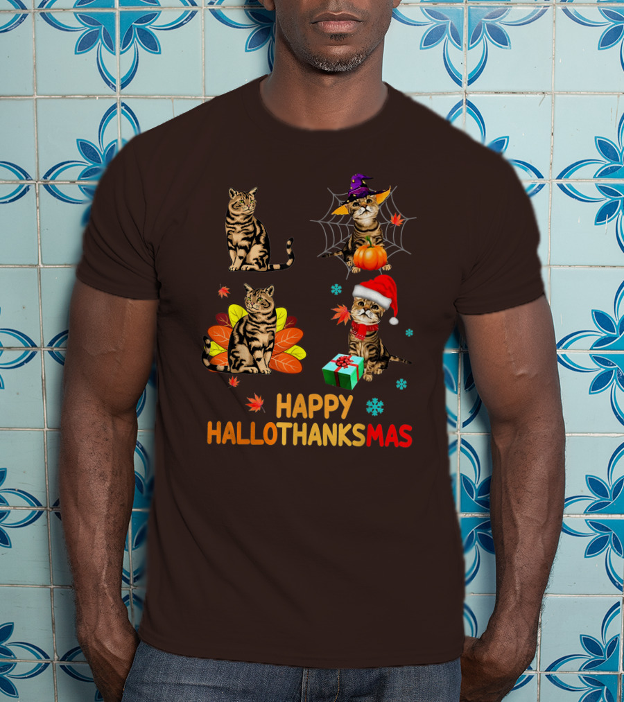 Happy Hallothanksmas Cats With Pumpkin, Autumn Leaves, Santa Hat, And Gift T-Shirt