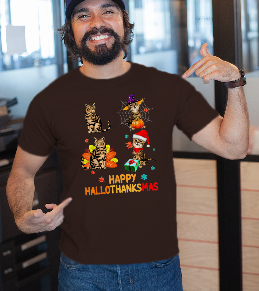 Happy Hallothanksmas Cats With Pumpkin, Autumn Leaves, Santa Hat, And Gift T-Shirt