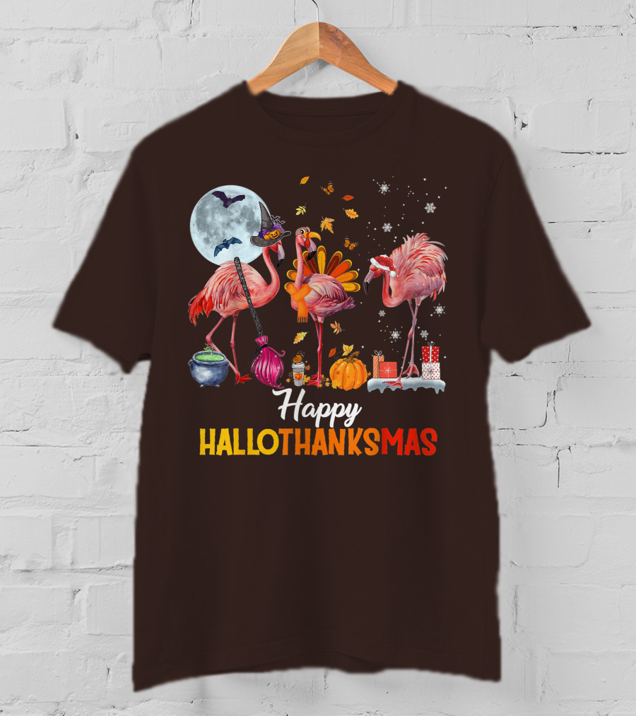 Happy Hallothanksmas Flamingo Halloween Merry Christmas T-Shirt