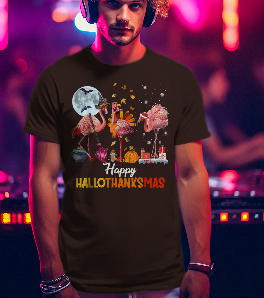 Happy Hallothanksmas Flamingo Halloween Merry Christmas T-Shirt