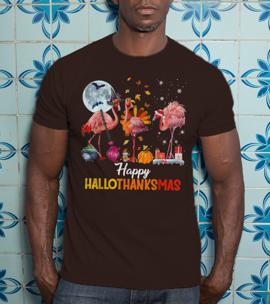 Happy Hallothanksmas Flamingo Halloween Merry Christmas T-Shirt
