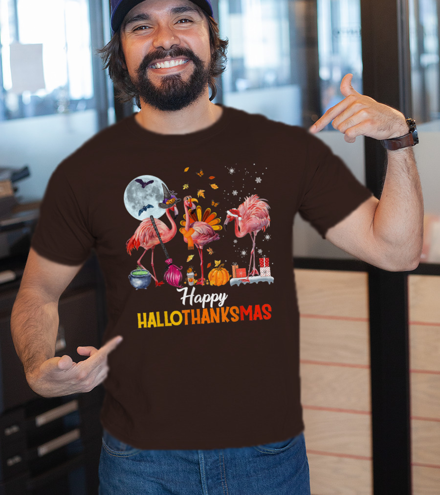 Happy Hallothanksmas Flamingo Halloween Merry Christmas T-Shirt