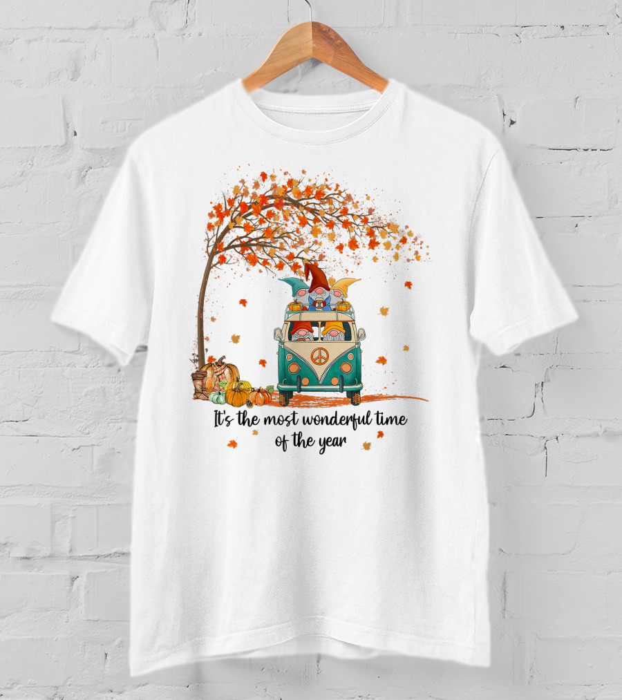 It's The Most Wonderful Time Of The Year Gnomes Autumn Fall In A Van With Pumpkins And Leaves T-Shirt