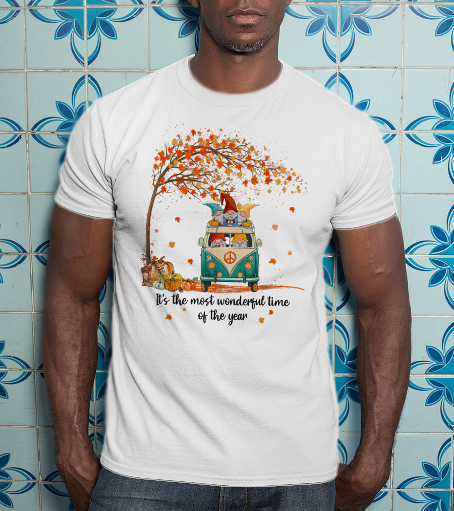 It's The Most Wonderful Time Of The Year Gnomes Autumn Fall In A Van With Pumpkins And Leaves T-Shirt