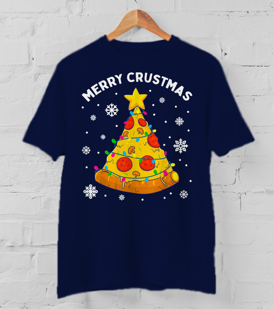 Merry Crustmas Pizza Christmas Tree With Cheese Garland And Snowflakes T-Shirt