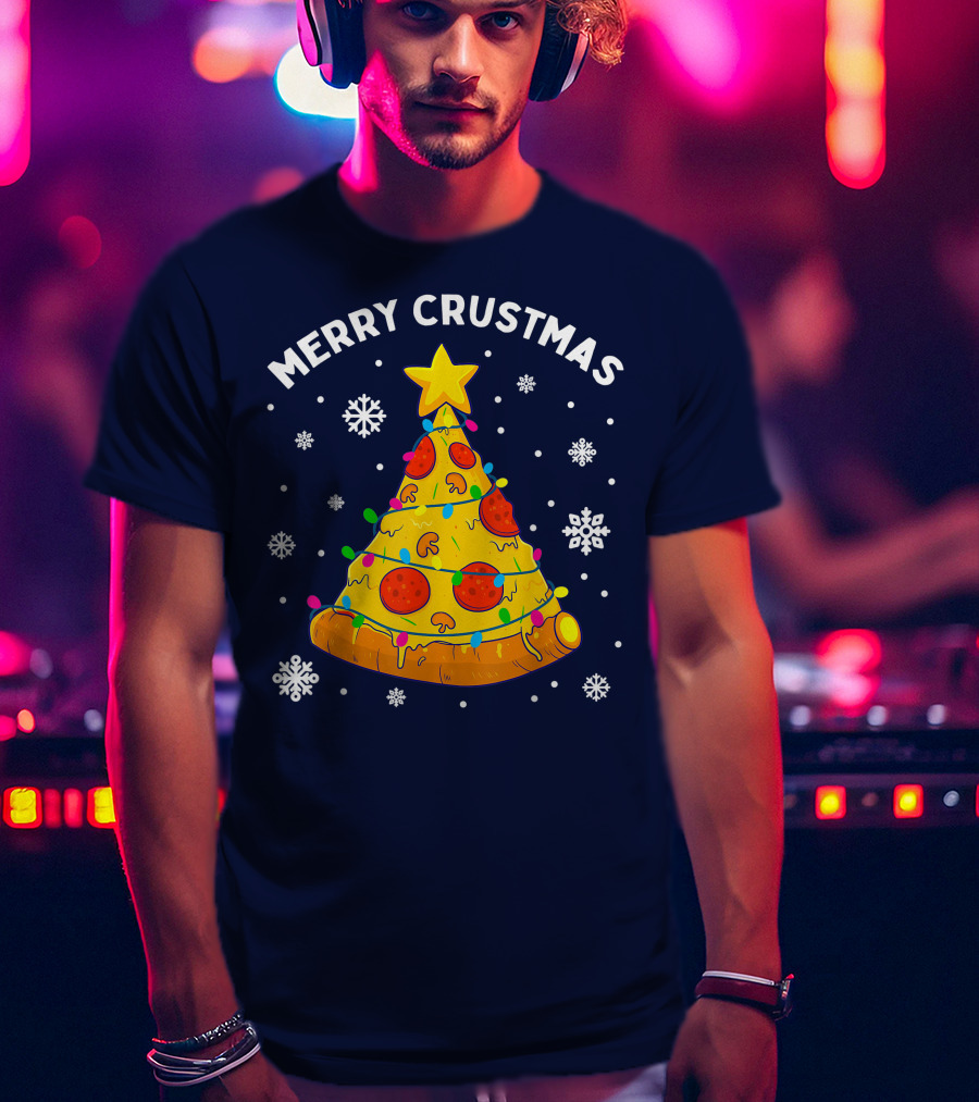 Merry Crustmas Pizza Christmas Tree With Cheese Garland And Snowflakes T-Shirt