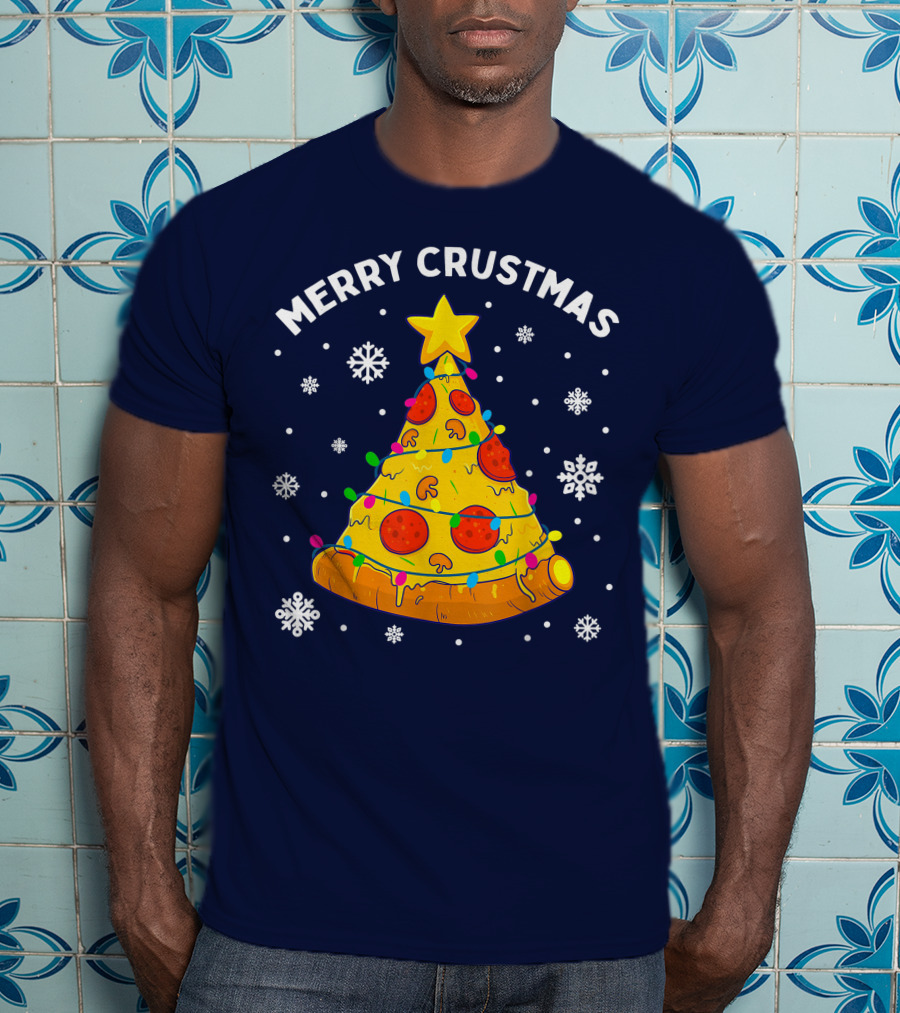 Merry Crustmas Pizza Christmas Tree With Cheese Garland And Snowflakes T-Shirt
