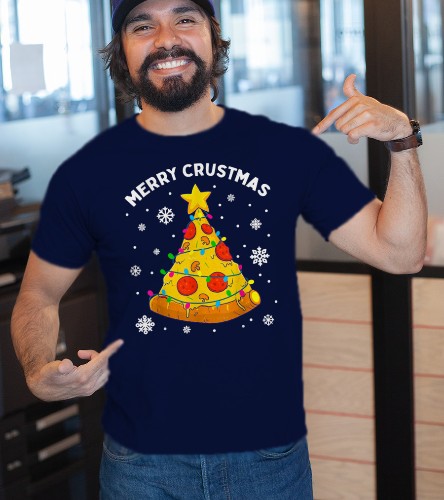 Merry Crustmas Pizza Christmas Tree With Cheese Garland And Snowflakes T-Shirt