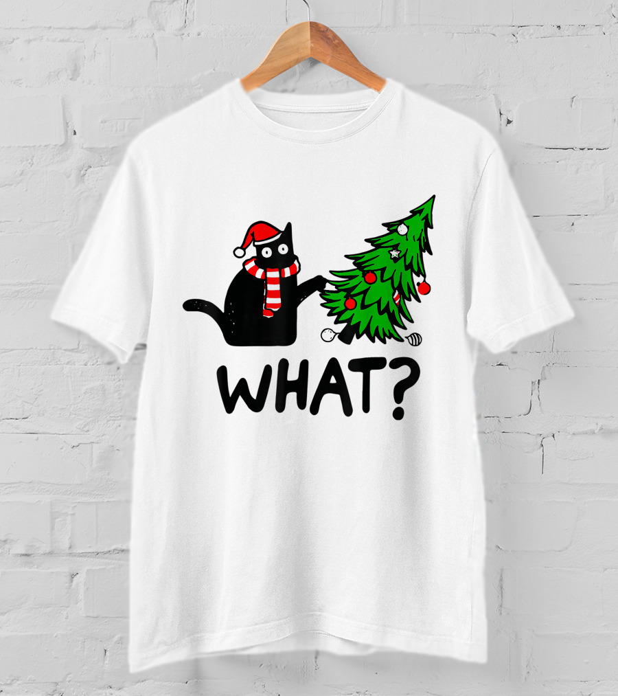 Funny Black Cat Santa Hat Pushing Over Christmas Tree What T-Shirt