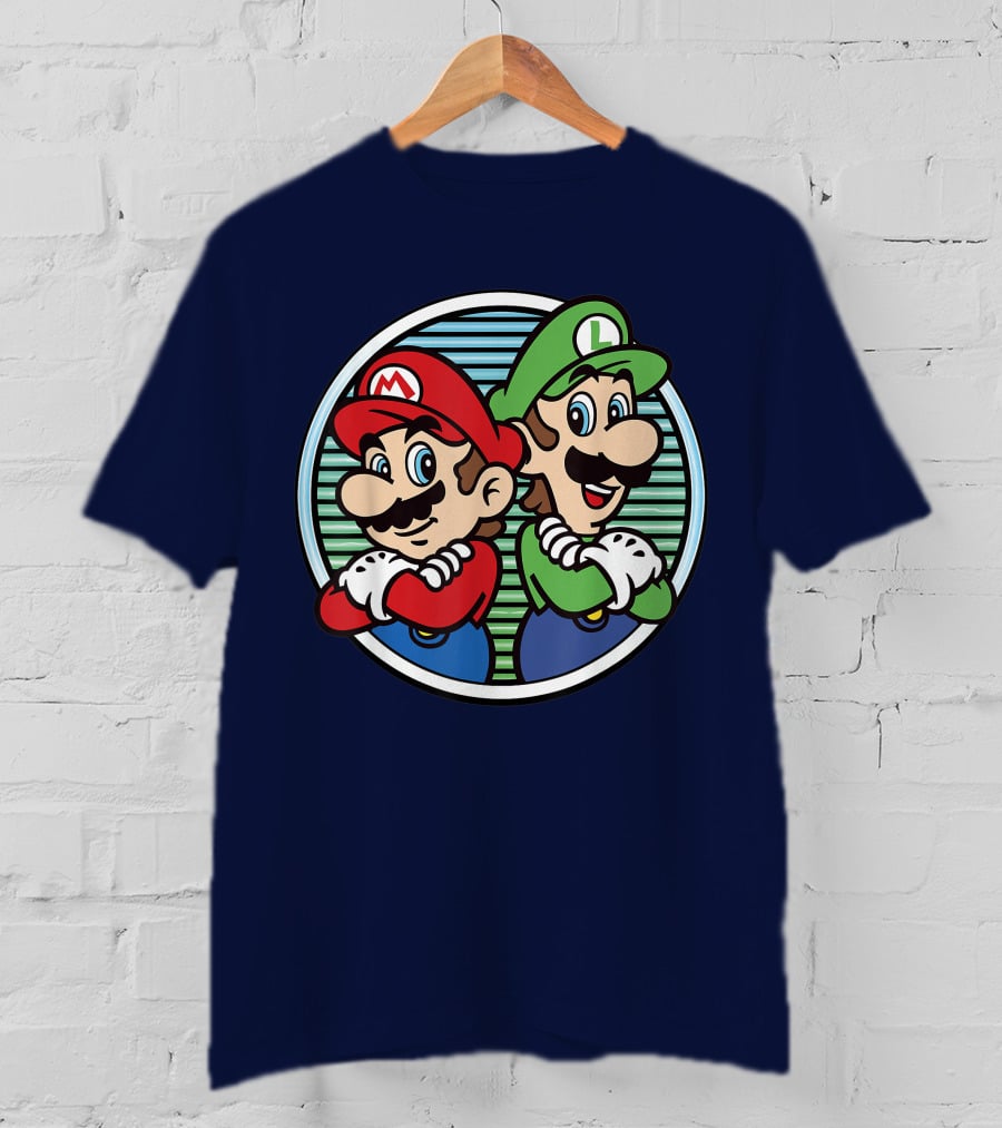 Super Mario Luigi Back To Back Iconic Brothers Circular Retro Stripes T-Shirt