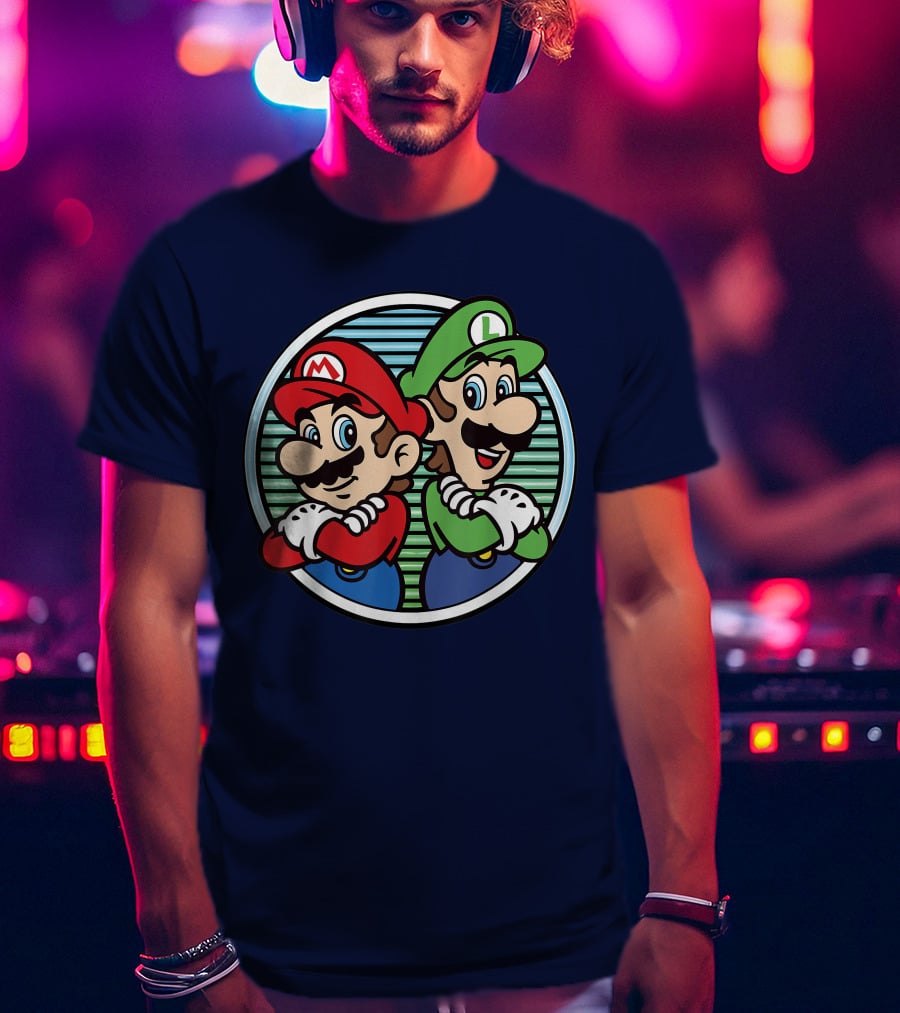Super Mario Luigi Back To Back Iconic Brothers Circular Retro Stripes T-Shirt