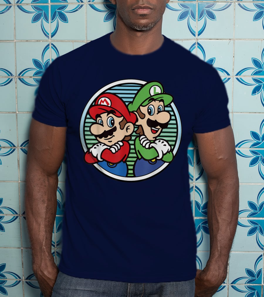 Super Mario Luigi Back To Back Iconic Brothers Circular Retro Stripes T-Shirt