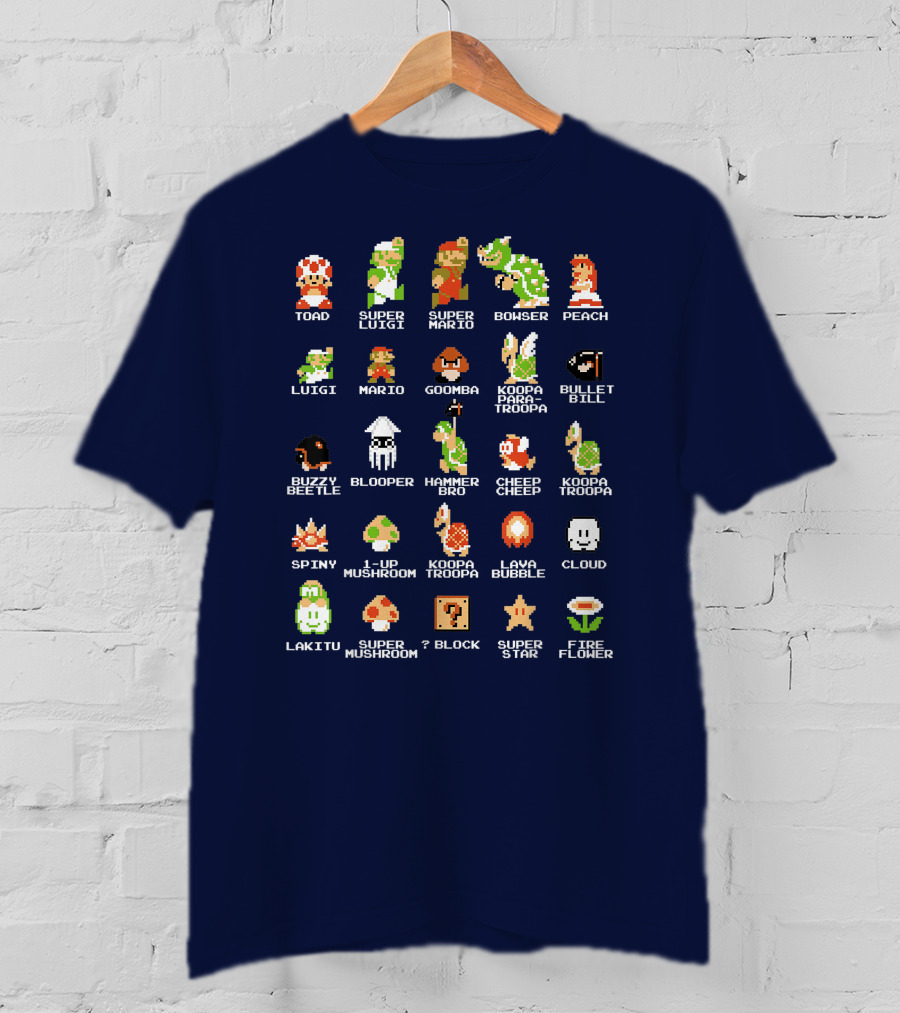 Super Mario 8 Bit Pixel Characters And Enemies List T-Shirt