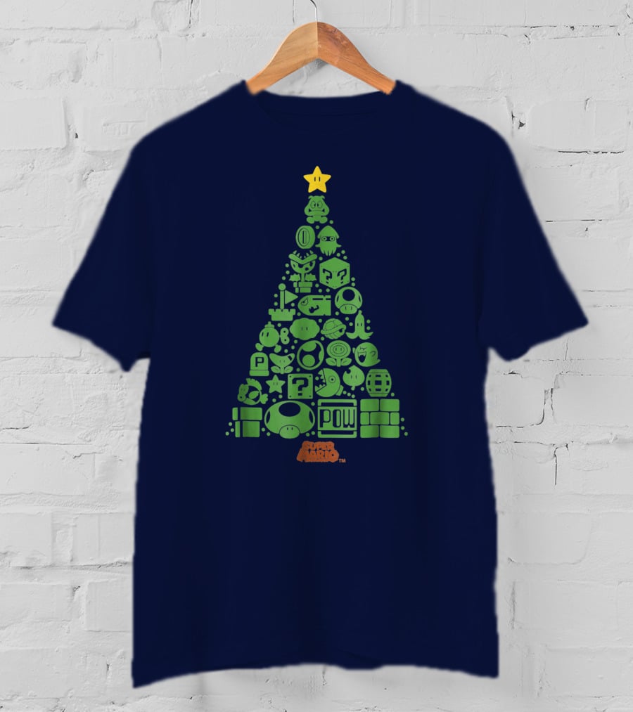Super Mario Green Icon Christmas Tree With Star And Blocks T-Shirt