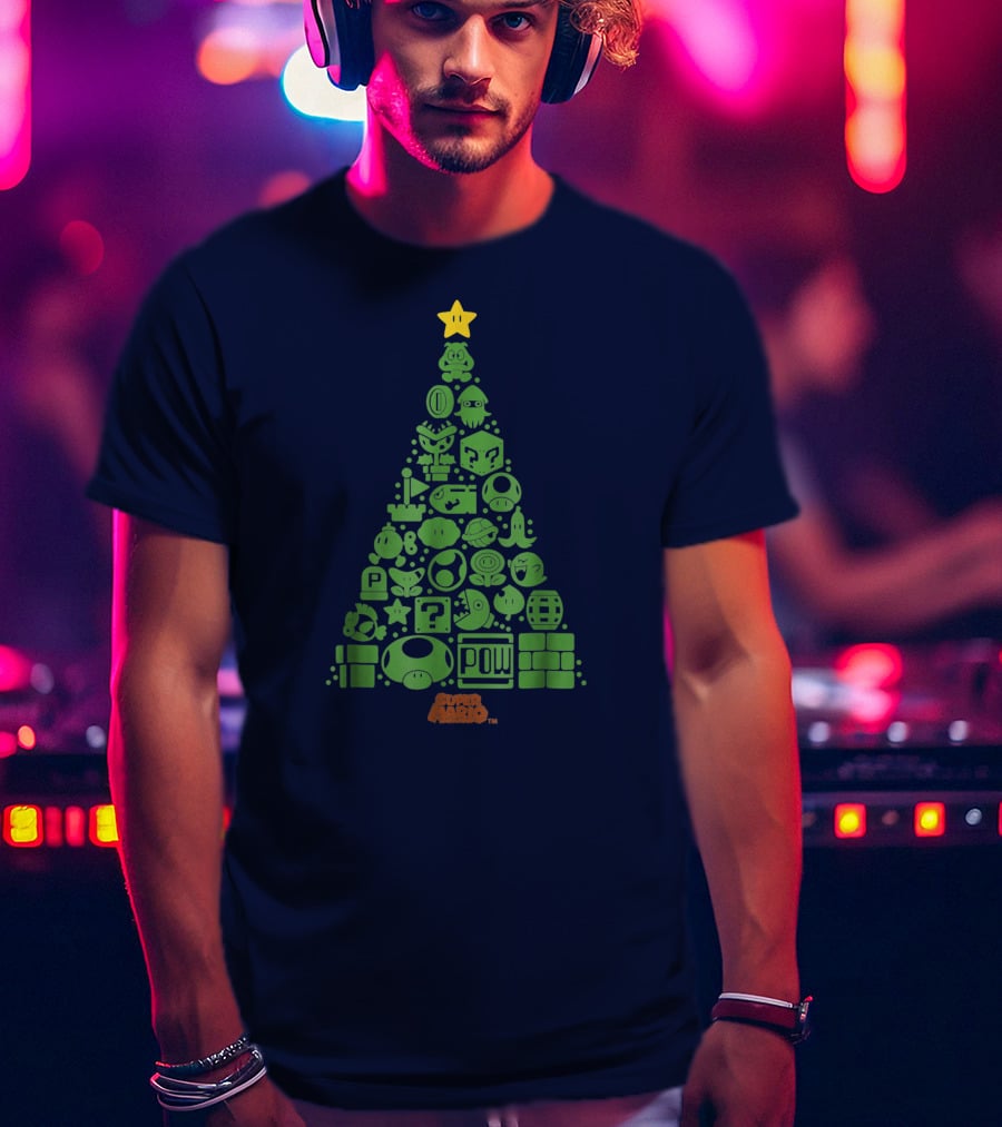 Super Mario Green Icon Christmas Tree With Star And Blocks T-Shirt