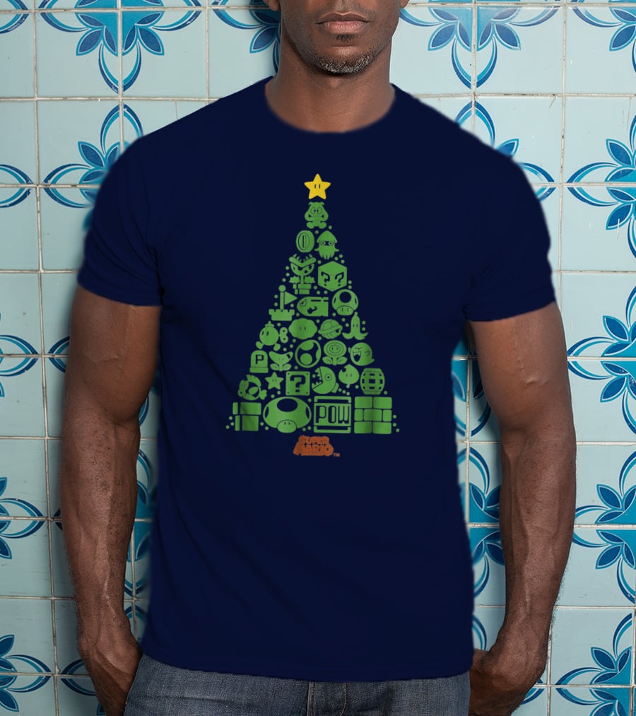Super Mario Green Icon Christmas Tree With Star And Blocks T-Shirt