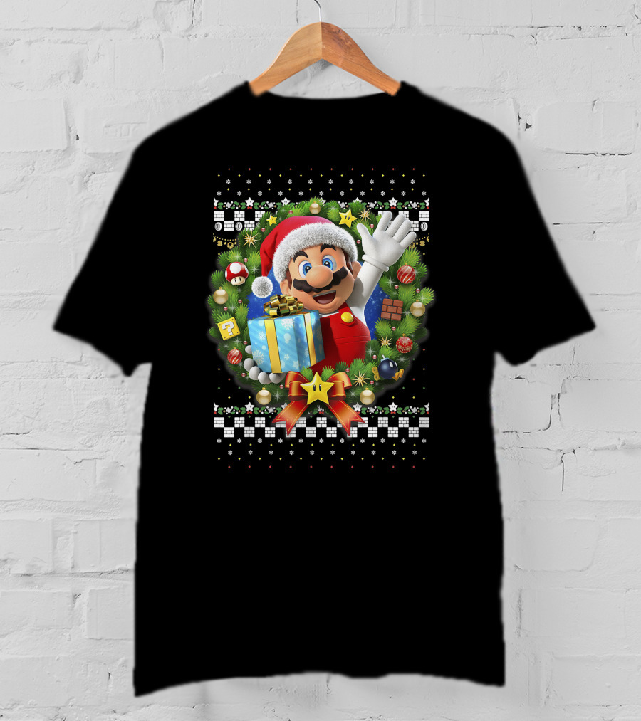 Super Mario Christmas Wreath Santa Present With Gift And Iconic Symbols T-Shirt