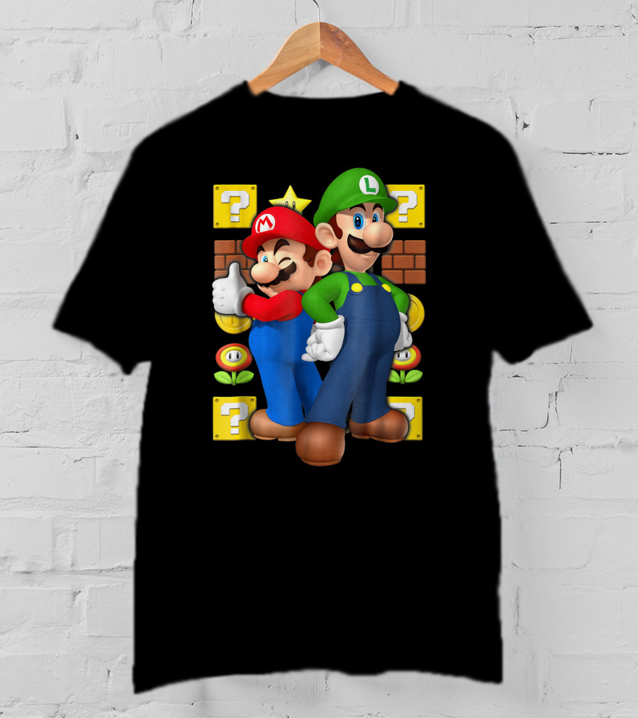 Super Mario Brothers Mario And Luigi With Question Blocks And Power-Up Icons T-Shirt