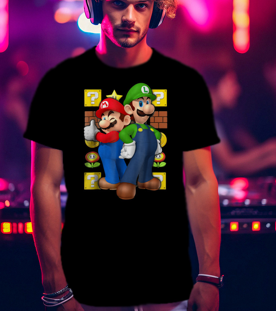 Super Mario Brothers Mario And Luigi With Question Blocks And Power-Up Icons T-Shirt