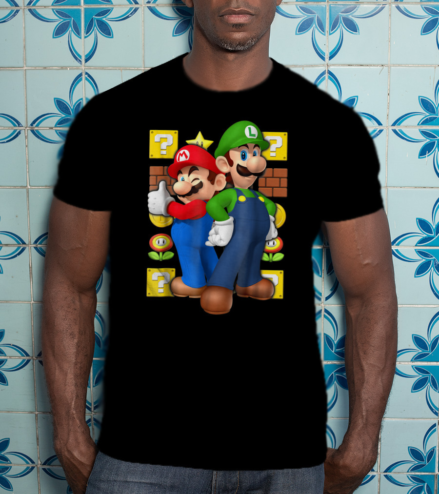 Super Mario Brothers Mario And Luigi With Question Blocks And Power-Up Icons T-Shirt