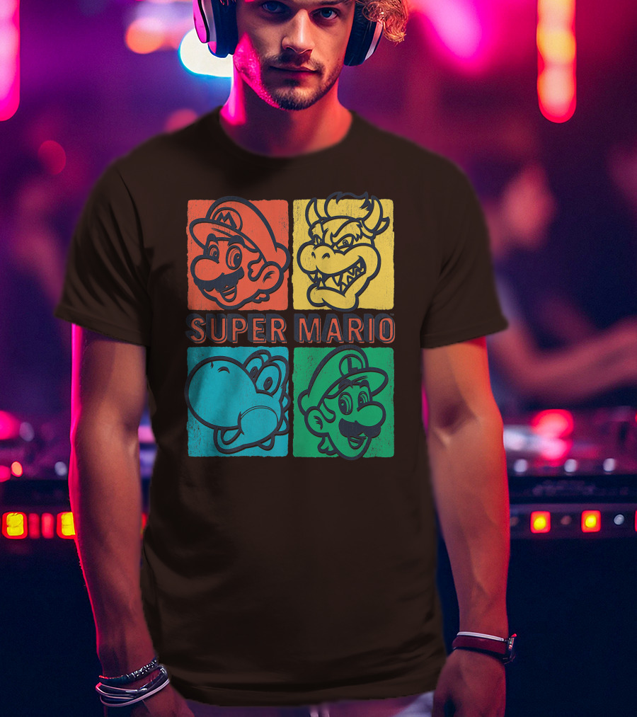 Super Mario Bowser Yoshi Luigi Distressed Square Group Shot T-Shirt