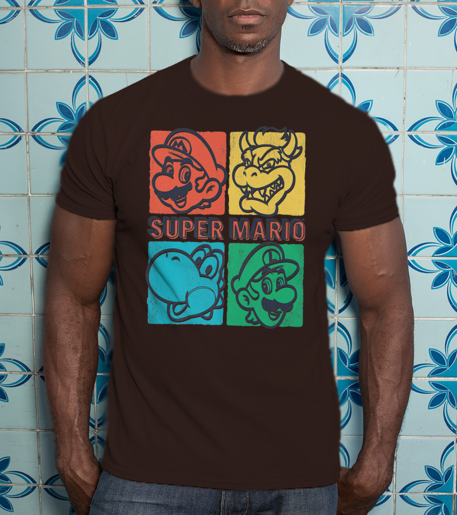 Super Mario Bowser Yoshi Luigi Distressed Square Group Shot T-Shirt
