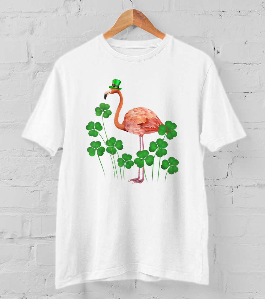 Flamingo With Shamrocks And Leprechaun Hat T-Shirt
