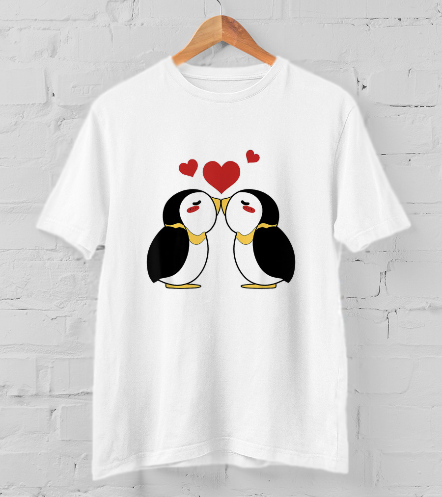 Cute Penguin Lovers Kissing With Hearts Above T-Shirt