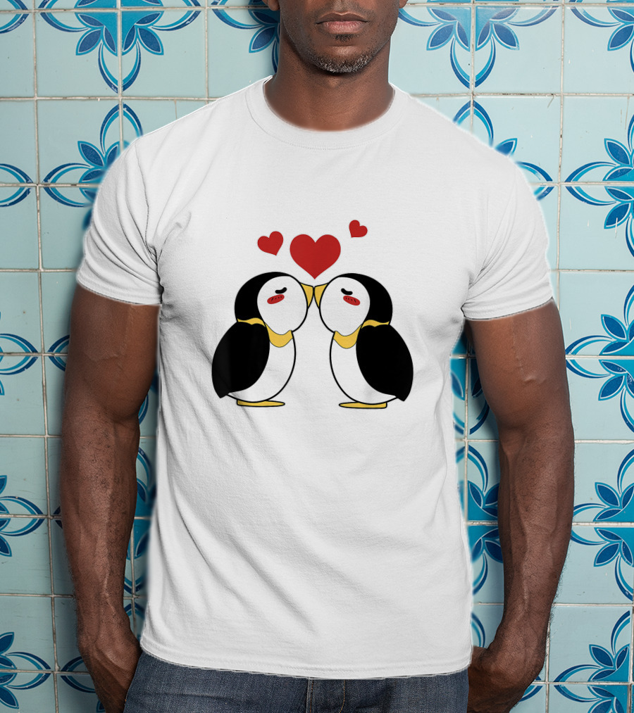 Cute Penguin Lovers Kissing With Hearts Above T-Shirt
