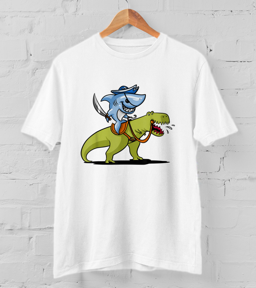 Shark Pirate Riding T-Rex Dinosaur Adventure T-Shirt
