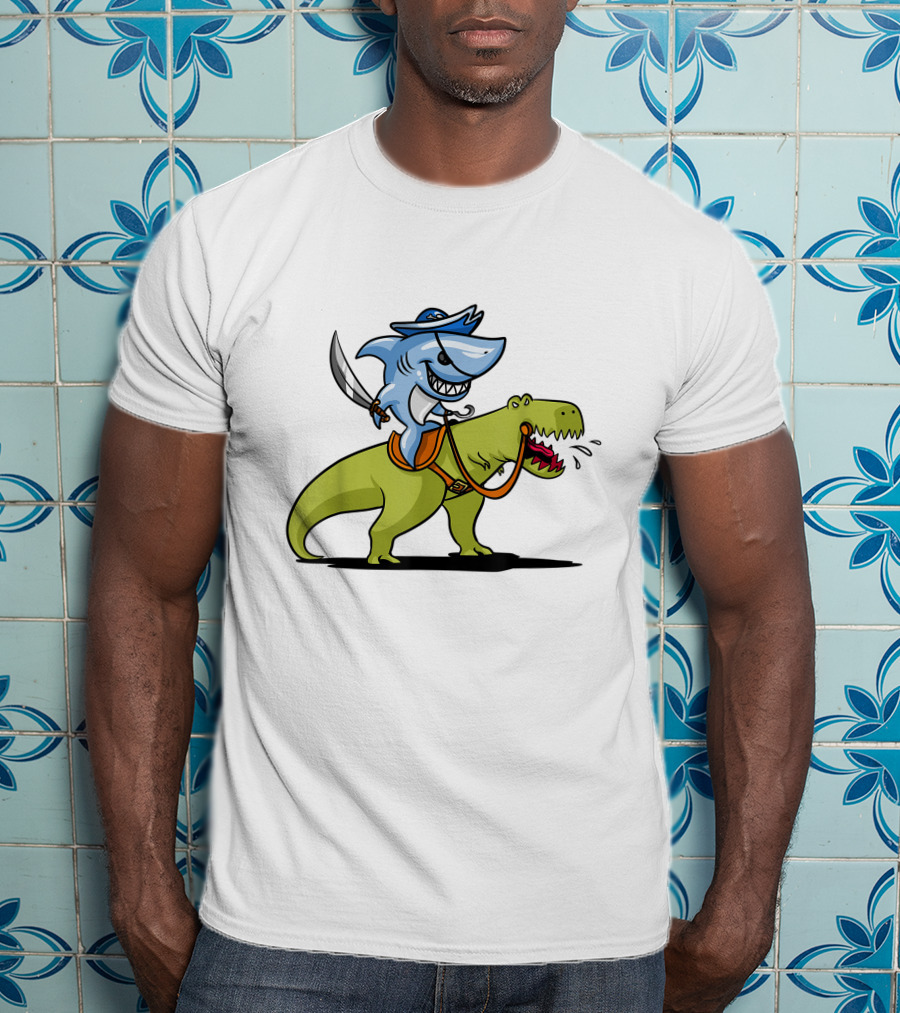 Shark Pirate Riding T-Rex Dinosaur Adventure T-Shirt