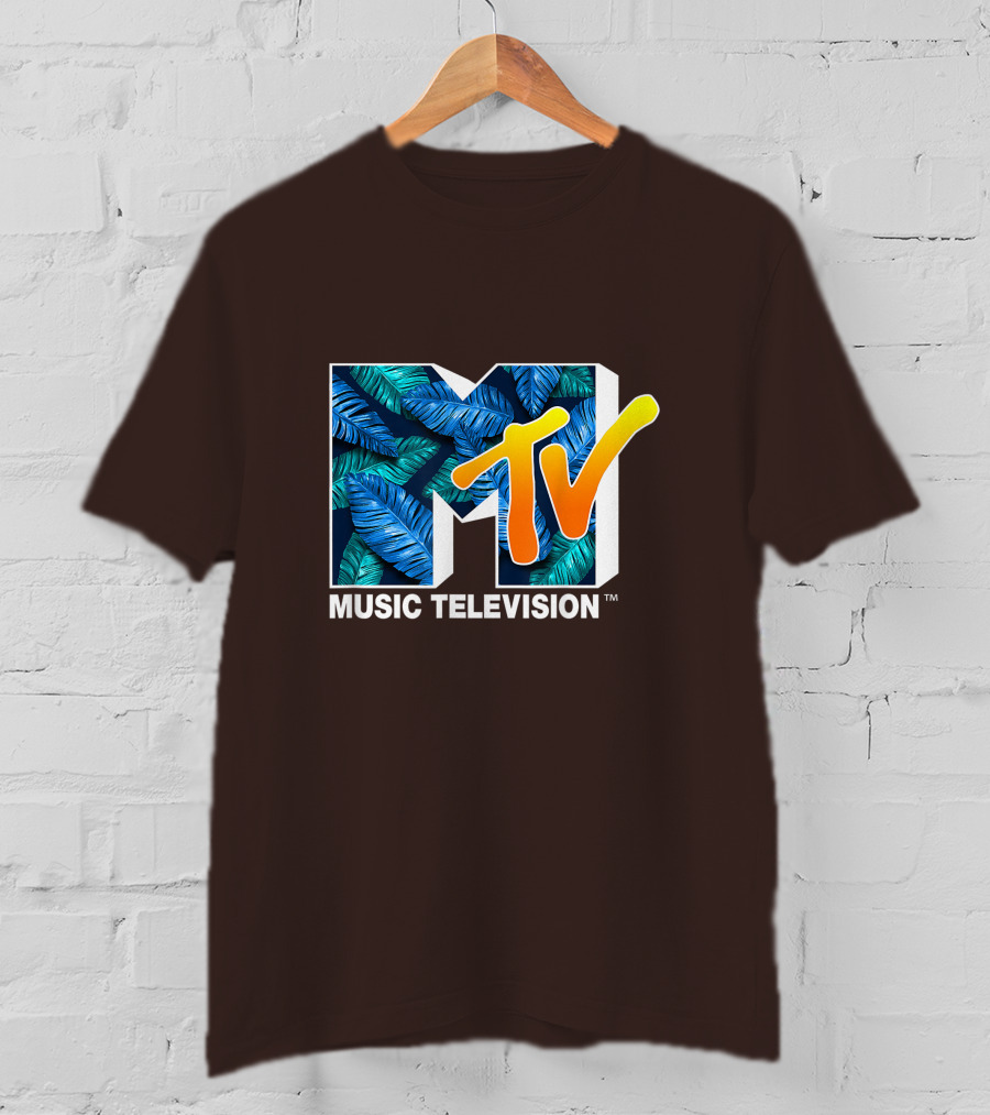 MTV Music Television Blue Green Tropical Leaf Fill T-Shirt