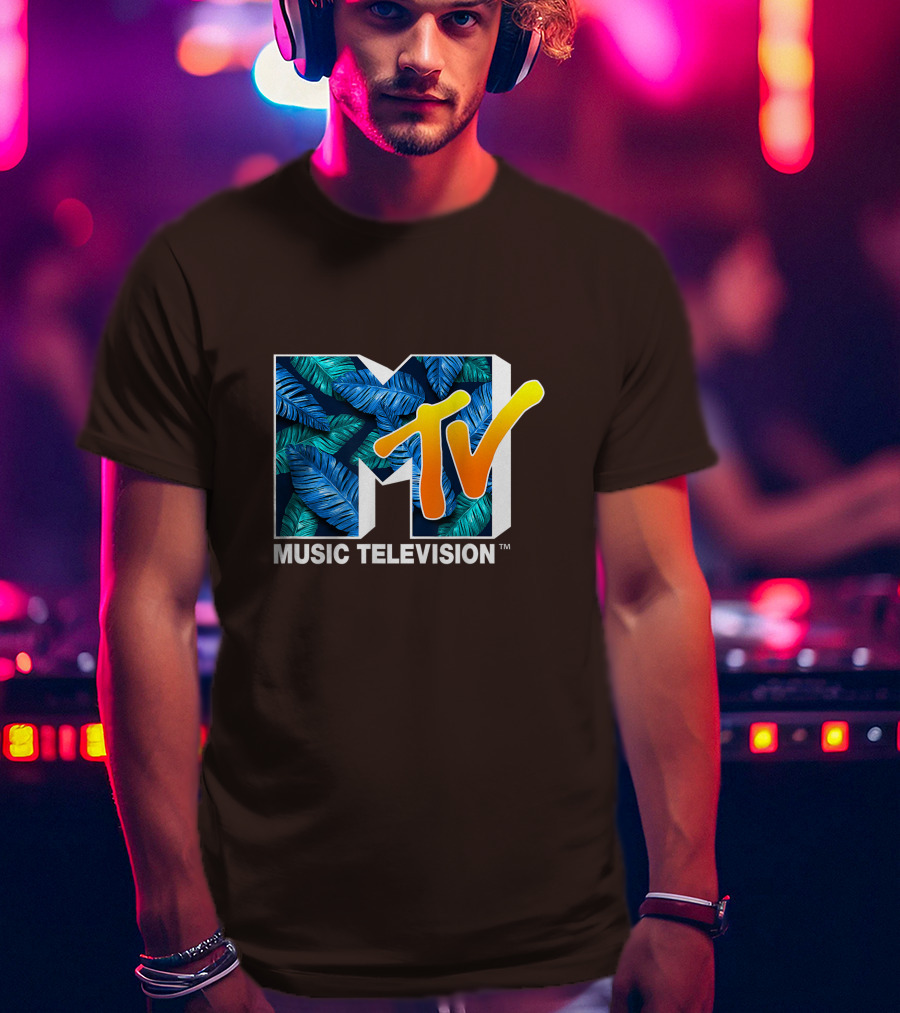 MTV Music Television Blue Green Tropical Leaf Fill T-Shirt