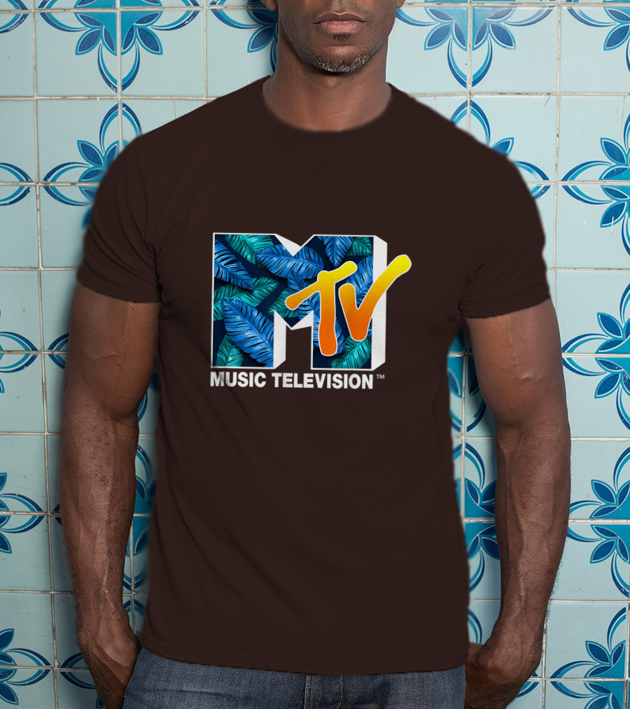 MTV Music Television Blue Green Tropical Leaf Fill T-Shirt