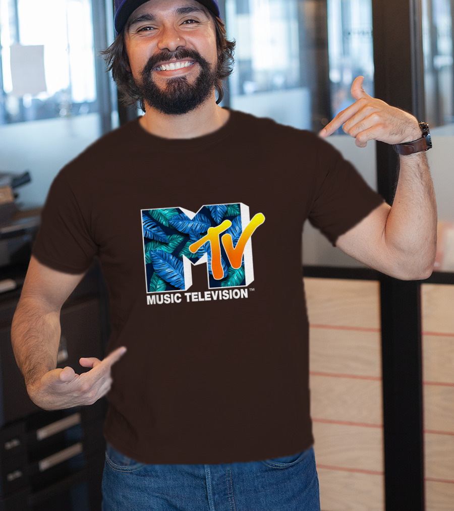MTV Music Television Blue Green Tropical Leaf Fill T-Shirt