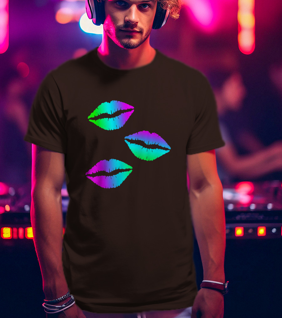 Funky Bright Neon Colours 80s Lipstick Rainbow Kiss Prints T-Shirt