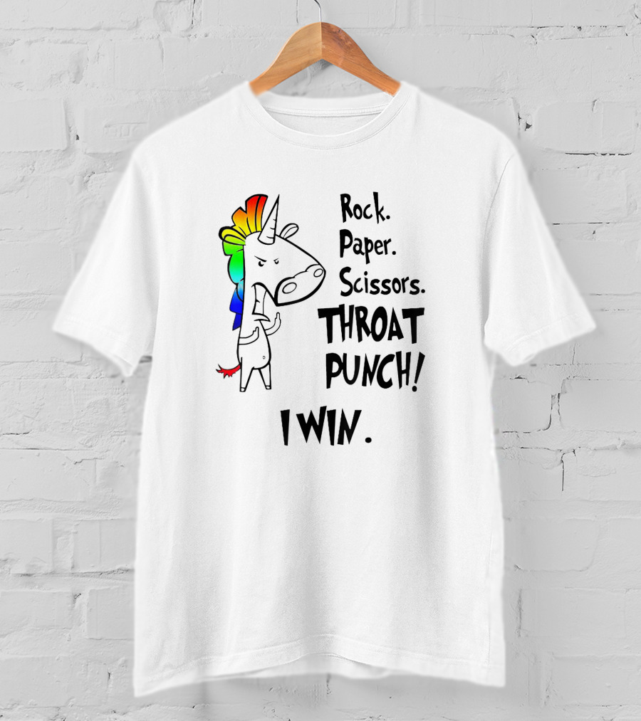 Rock Paper Scissors Throat Punch I Win Angry Unicorn Rainbow Mane T-Shirt