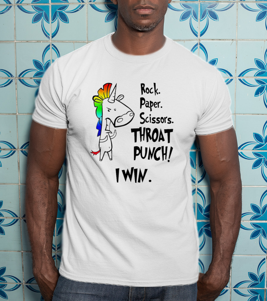 Rock Paper Scissors Throat Punch I Win Angry Unicorn Rainbow Mane T-Shirt