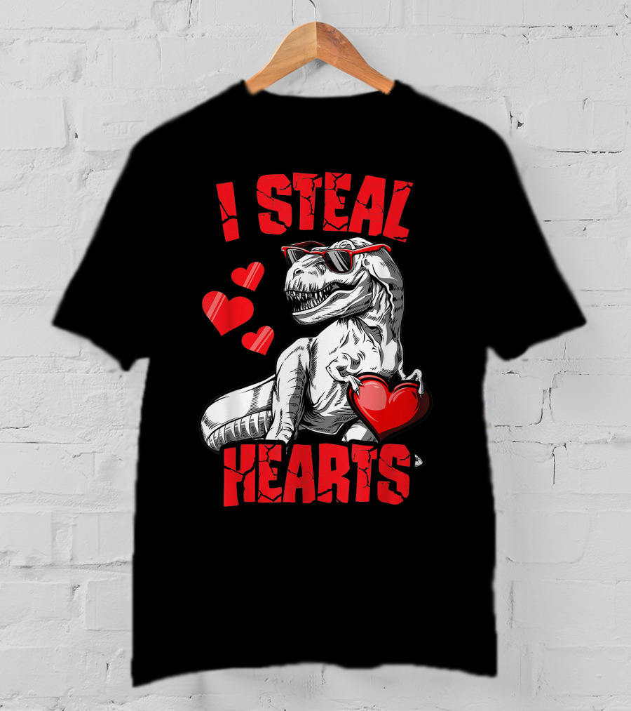 Valentines Day Kids Dinosaur T-Rex Lover I Steal Hearts T-Shirt