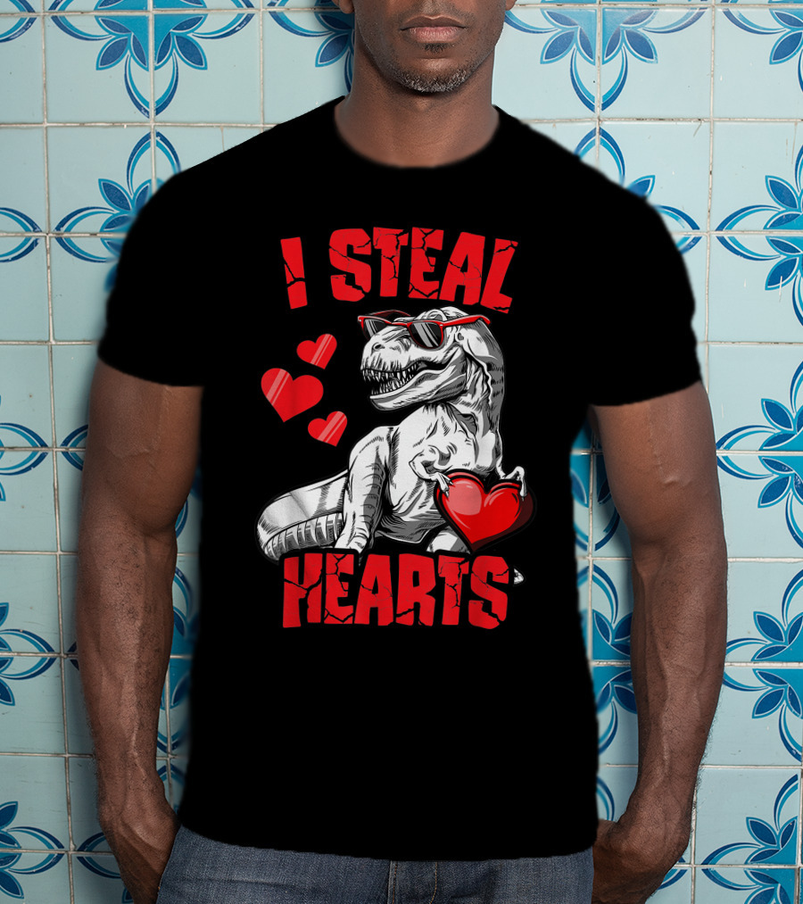 Valentines Day Kids Dinosaur T-Rex Lover I Steal Hearts T-Shirt