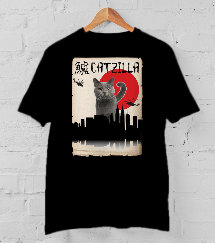 Catzilla Japanese Monster Cat Red Sun Helicopters City Skyline T-Shirt
