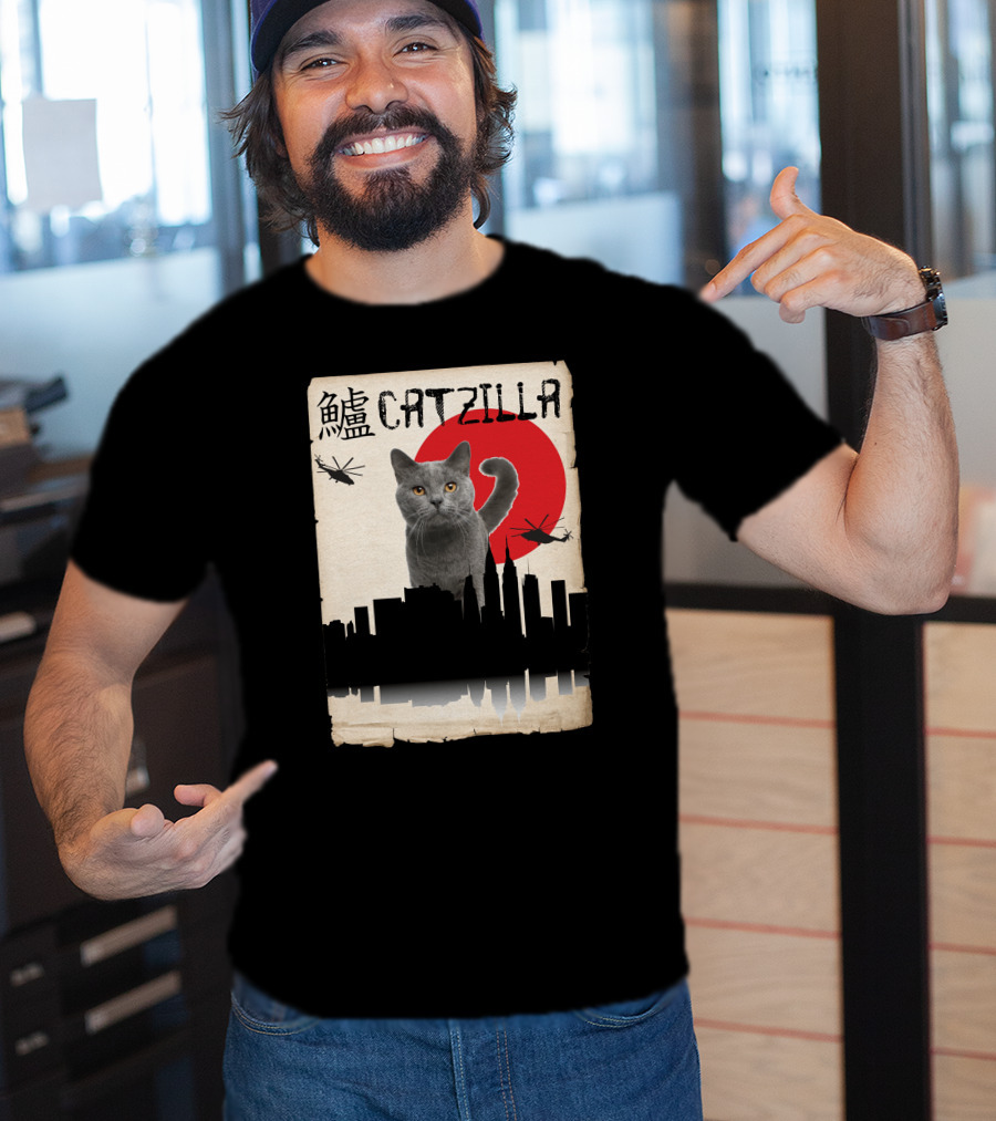 Catzilla Japanese Monster Cat Red Sun Helicopters City Skyline T-Shirt
