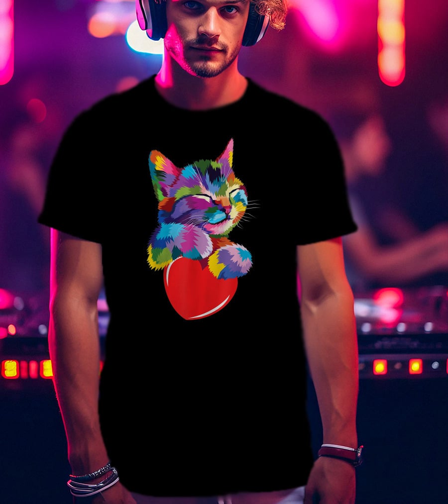 Colorful Cat Hugging Red Heart Cat Lover T-Shirt