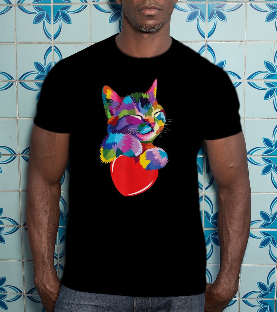 Colorful Cat Hugging Red Heart Cat Lover T-Shirt